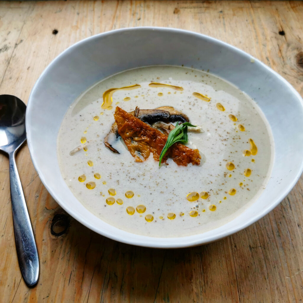 Chicken, mushroom and tarragon soup – with crispy skin garnish