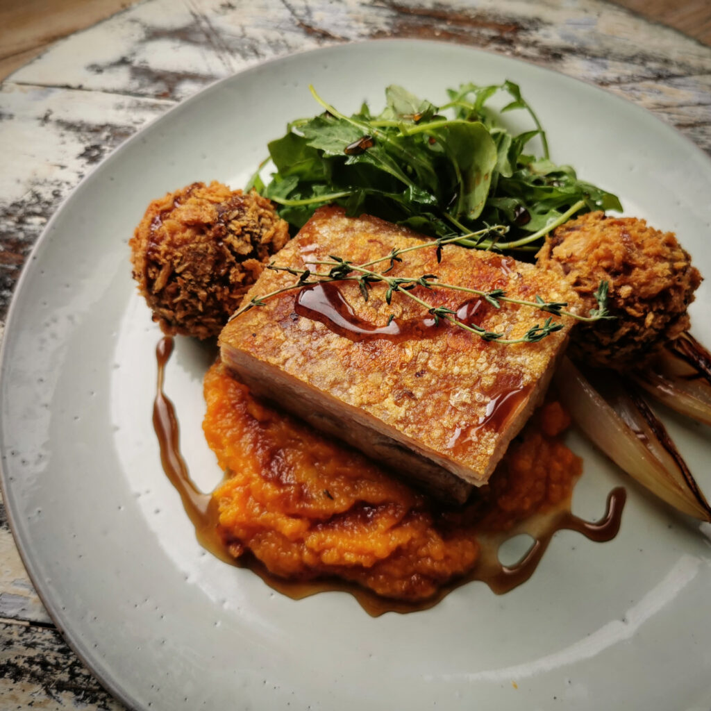 Hepburns Confit Pork Belly with Black Pudding Croquettes
