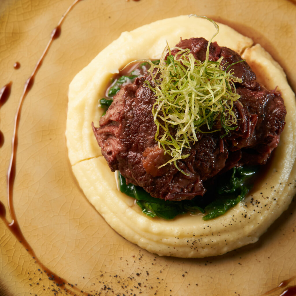 Shin of Beef with Creamed Mash, Spinach and Leek