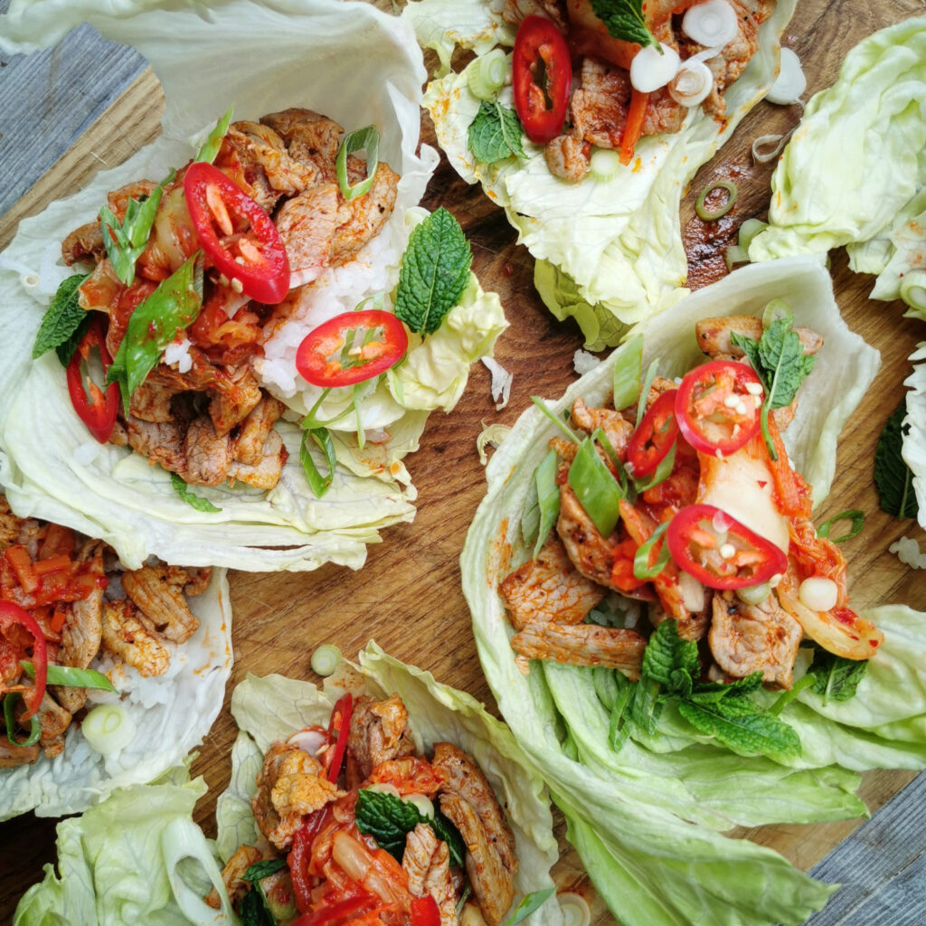 Hepburns spicy pork belly lettuce wraps