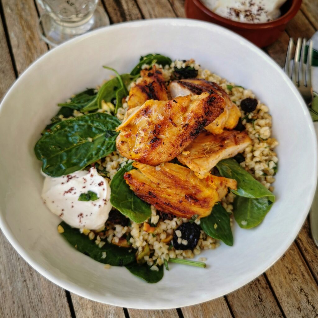 Lemon and Saffron Chicken Thighs with Jeweled Bulgur Wheat Salad